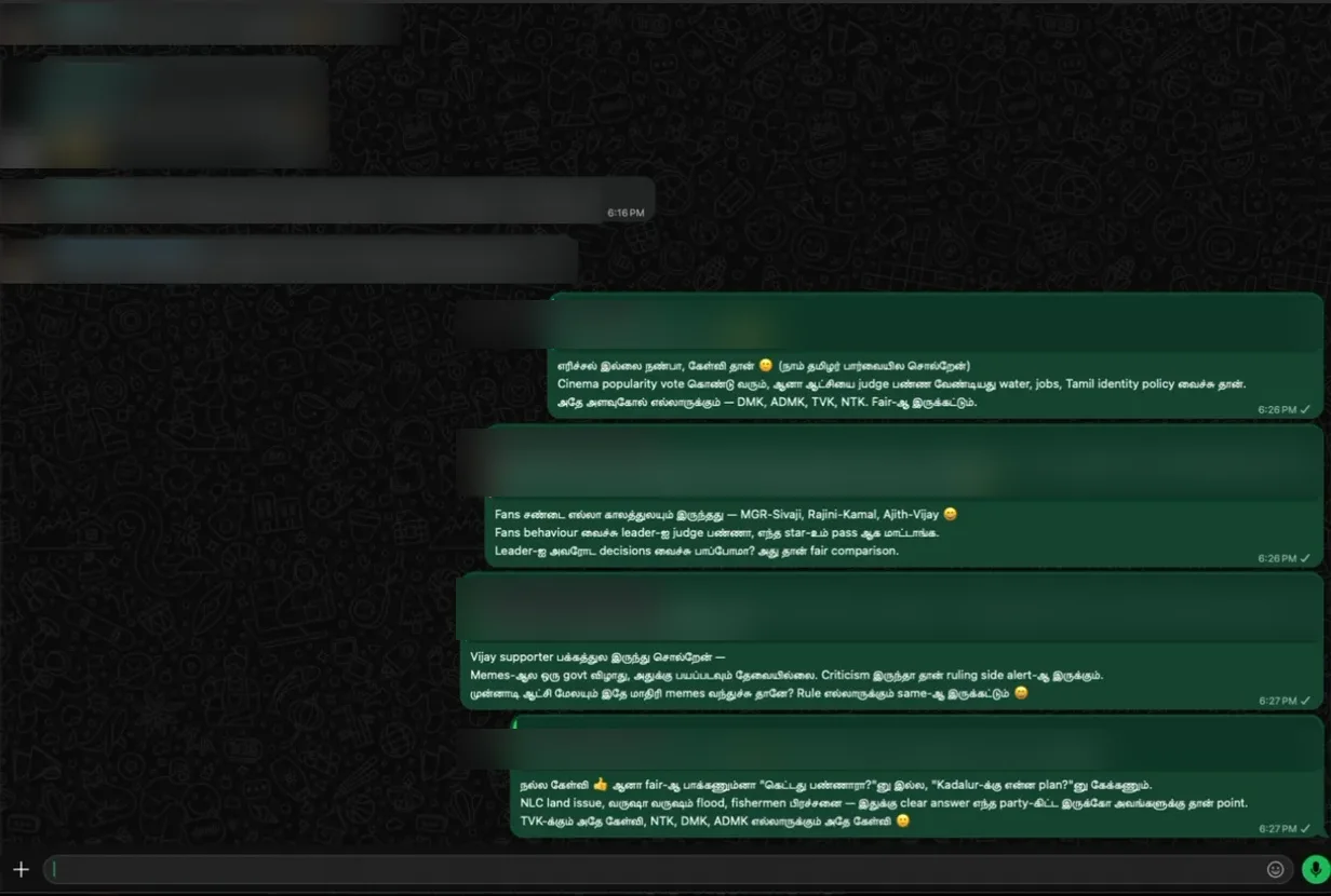 WhatsApp: quote-replies landing in the group thread, other people's names and messages struck out.